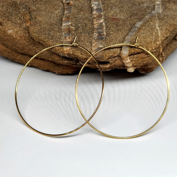 Minimalist Jewelry Hypoallergenic Hoops 14K Yellow Gold plated Thin Earrings - Picture 2 of 9